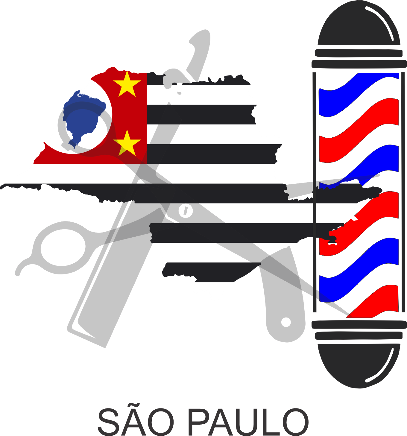 Bandeira do Estado de São Paulo sobre um esquadro e compasso